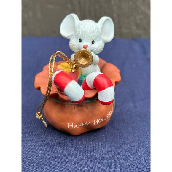Mouse Christmas Ornament With Candy Canes & Trumpet 1992 Lustre Fame Holiday - Picture 1 of 6
